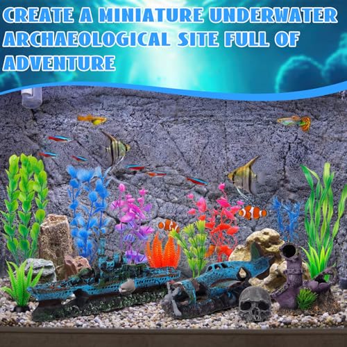 Kathfly 15 Pcs Aquarium Decoration Set, Resin Aquarium Accessories, Including a Battleship, a Broken Airplane, a Four-Way Water Pipe, a Black Skull, and Artificial Aquatic Plants(Trendy Style) - style: Trendy Style