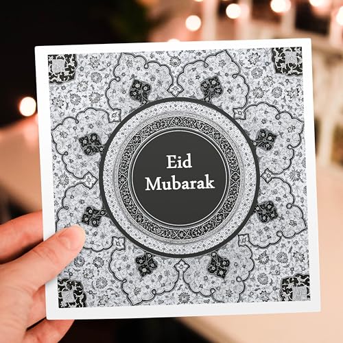 3dRose Eid Mubarak - Grey Blessed Happy Eid Greeting - Islam Muslim holiday 1 Greeting Card with envelope - size: 5.5”