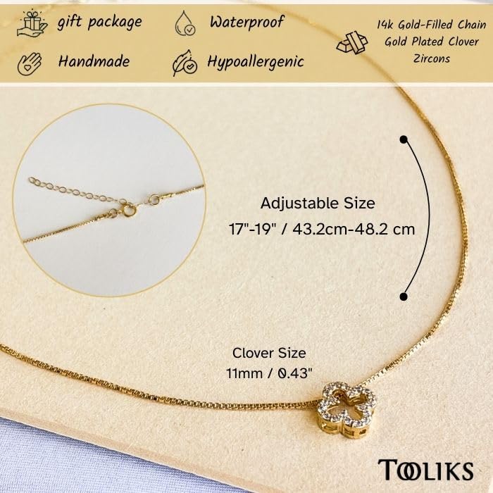 Gold Clover Necklace for Women, Four Leaf Clover Pendant with Crystal Rhinestones, Box Chain Necklace