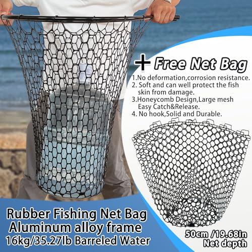 All Metal Telescoping Rubber Fishing Net with Handle Length: 59" Depth:19.7" Hoop: 26"x18" Large Silicone Fish Landing Net Pier/Kayak/Fishpond/Saltwater/Salmon Extendable Fishing Gear - color: Black with a Extra Replacement Net