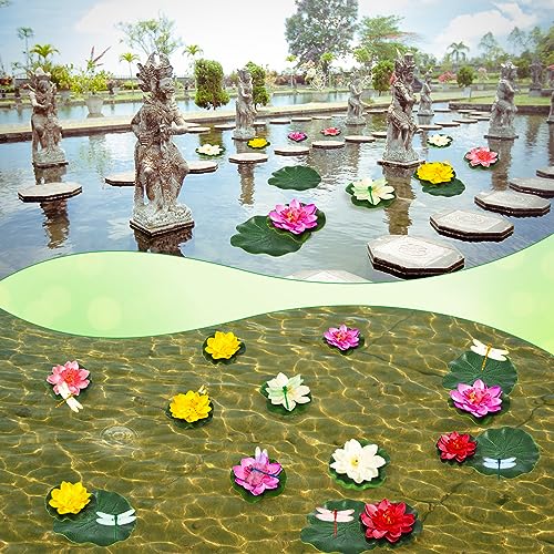 22 Pcs Realistic Artificial Floating Lotus Foam with Artificial Butterfly Dragonfly Frog Fake Lily Pads for Home Pool Patio Garden Koi Fish Pond Aquarium Pool Wedding Fountain Decor (Dragonfly)