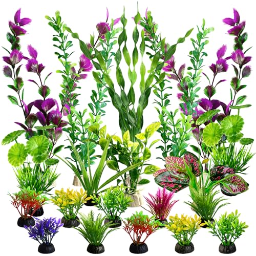 Artificial Aquarium Plants Realistic Green Plastic Fish Tank Decorations | 22Pcs Natural-Looking Aquatic Plants Decor for Betta, Goldfish and Freshwater Aquariums