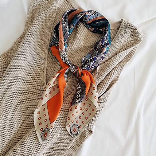 FONYVE Silk Feeling Scarf Medium Square Satin Head Scarf for Women 27.5 × 27.5 inches - color: 01 Beige Edge