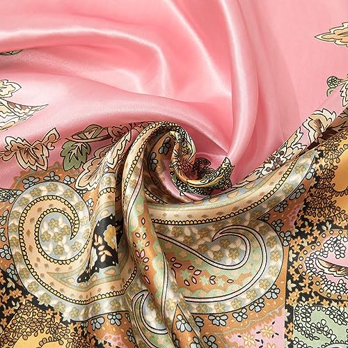 AWAYTR 35” Large Satin Square Head Scarf - 2Pcs Silk Like Floral Head Scarves Square Satin Hair Scarf Bandanas for Women - color: Cashew(pink+black)