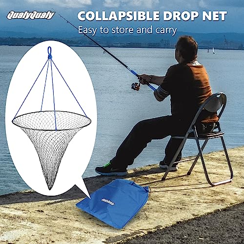 QualyQualy Large Bridge and Pier Fishing Net 32''/39'' Hoop, Foldable Drop Net Pier Fishing for Saltwater with Rope, Landing Net with Nylon Mesh, Collapsible Soft Steel Ring - color: Gray, size: L: 39''×36''