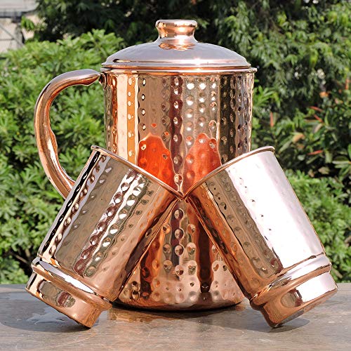 Copper Pitcher with 2 Copper Cups Set | Pure Copper Water Jug & matching tumblers Set for Home & Wellness, Hammered Finish Handcrafted for Daily Hydration & Natural Living
