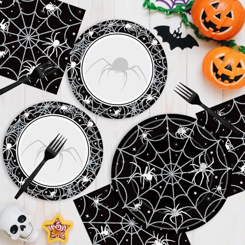 96 Pcs Halloween Plates and Napkins Set - Black Spider Webs Dinner Dessert Paper Plates Cocktail Napkins Forks Disposable Tableware for Spiderweb Halloween Party Decorations Supplies Favors, Serve 24 - style: Halloween