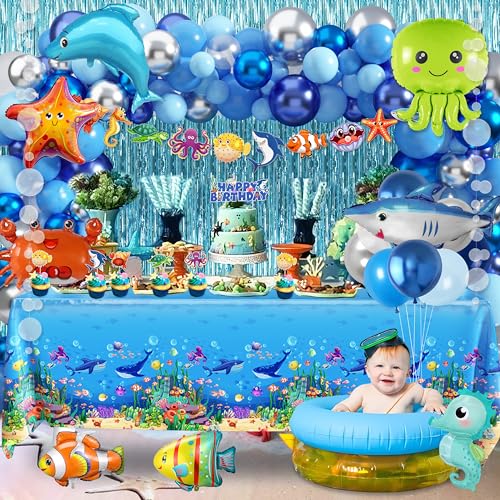 WHYMEO Under the Sea Party Decorations, 98 Pcs Ocean Theme Birthday Set | Include Backdrop, Tablecloth, Ocean Animals, Bubble Garlands Arch, Ocean Birthday Pool Party, Baby Shark Decorations