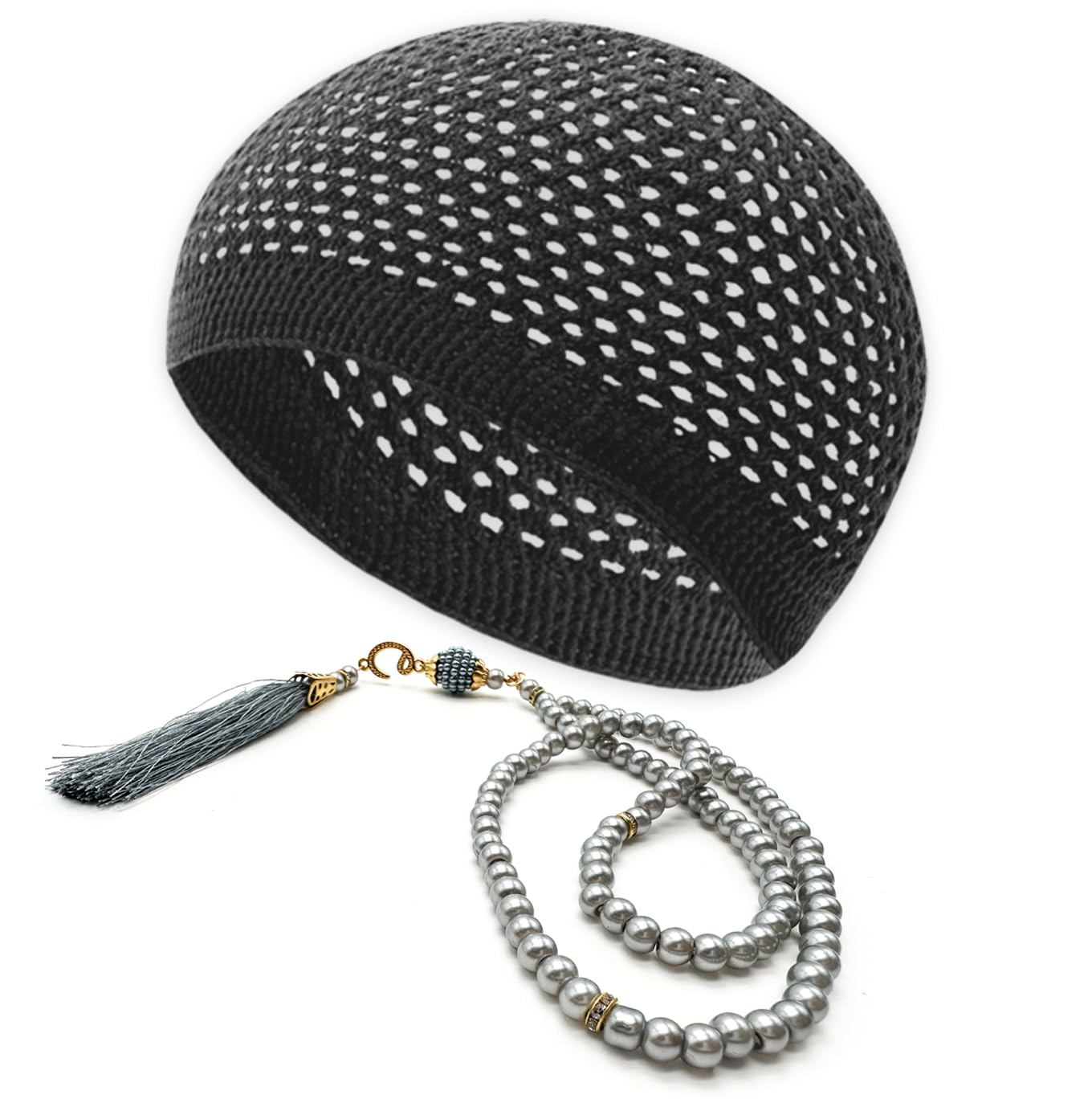 ESERRA Kufi Hats for Men and Women with 99 Tasbih Prayer Beads, Muslim Thick Breathable Skull Cap, Tasbeeh, Prayer Cap - color: Gray