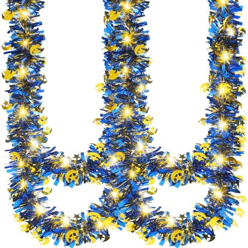 Kingdder 16.4 ft Ramadan Garland Decorations Metallic Garland with 50 LED Lights Hanging Star Crescent Moon with Light Foil Tinsel for Eid Al-adha Party Decor