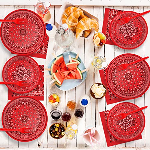 96 Pcs Red Bandana Western Party Plates Napkins Tableware Set Paisley Cowboy Cowgirl Farm Themed Supplies Disposable Dinnerware Western Decoration Favors for Kids Baby Shower Birthday, 24 Guests - style: Red Bandana Western Party