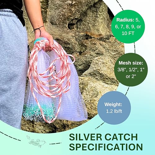 Cast Net for Bait Fishing, Chain Bottom - size: 6' Radius | 3/8" Mesh