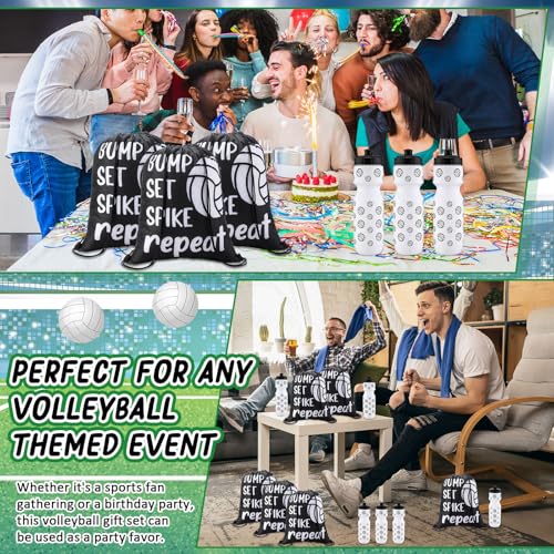 Talltalk 12 Pcs Volleyball Water Bottle and Drawstring Bag Set Volleyball Party Favor 24 oz Sports Squeeze Bottles with Drawstring Bags for Team Gifts Goodie Gift Bag Birthday Decorations