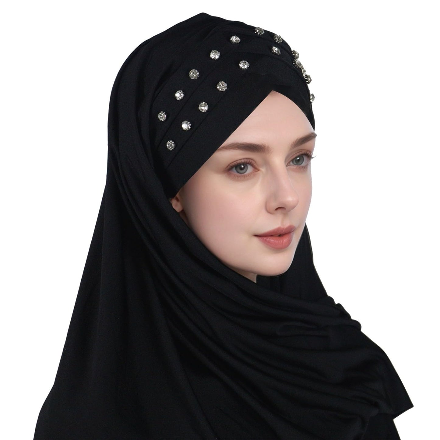 Muslim Head Scarf for Women Crystal Linen Rhinestone Cross Strap Turban Wrap Cap Elegant Breathable Sparkly Hijab - color: 01#_black
