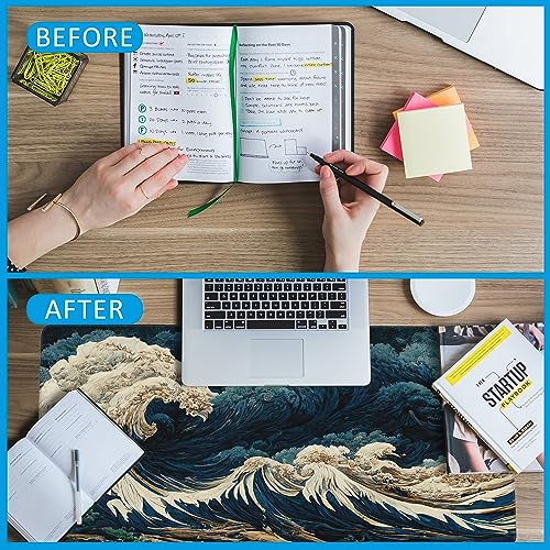 Japanese Ocean Waves Large Gaming Mouse Pad,Waterproof Desk Mat for Desktop,Non-Slip Rubber Base Mousepad with Stitched Edges for Laptop Office and Home 35.4X15.7 Inch - color: Japanese Ocean Waves