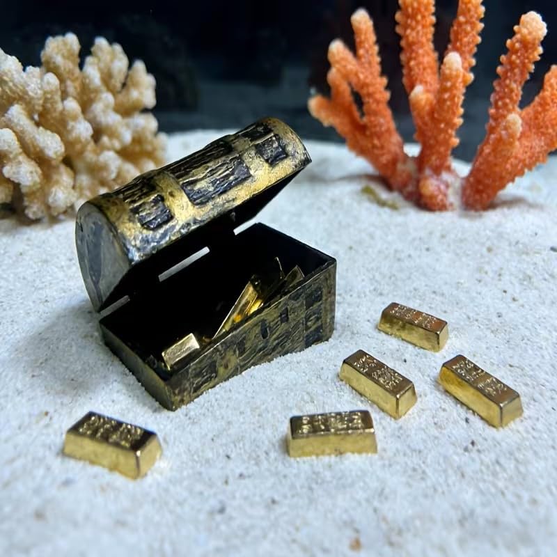 Metal Pirate Treasure Chest Aquarium Decor, Mini Treasure Box with Golden Coins & Bars, Lockable Fish Tank Accessory for Goldfish and Aquatic Plants Decoration