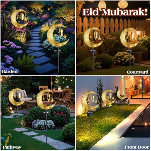 Lewondr 2Pcs Ramadan Solar Lights, Ramadan Decorations Outdoor, Metal Yard Signs LED Eid Decorations Mubarak Star Moon Lantern, Waterproof Solar Garden Stakes Lights for Walkway Lawn Patio - style: Moon and Lantern