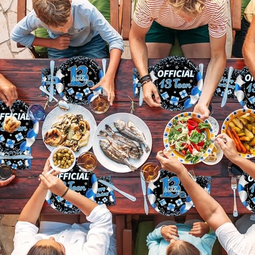 100 Pcs 13th Birthday Decorations for Boys Official Teen 13th Supplies Plates Napkins Forks Set Disposable Blue 13th Birthday Tableware Paper Plates Dinnerware for Kids Teenager Favors Serve 25 - style: 13th Birthday