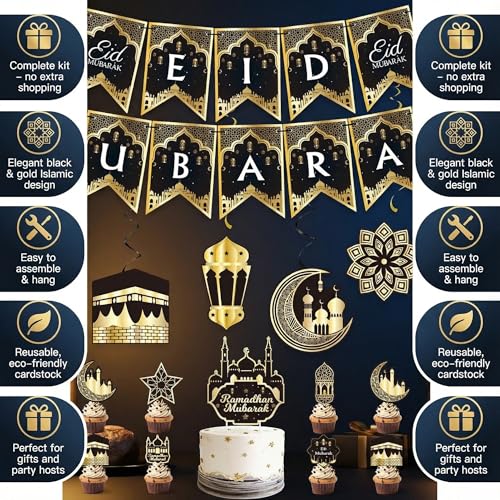 Eid Mubarak Decorations Set - Black and Gold Ramadan Party Supplies including Banner, Balloons for Muslim Islamic Eid Al-Fitr Home Wall Decor (gold) (Black & Gold)