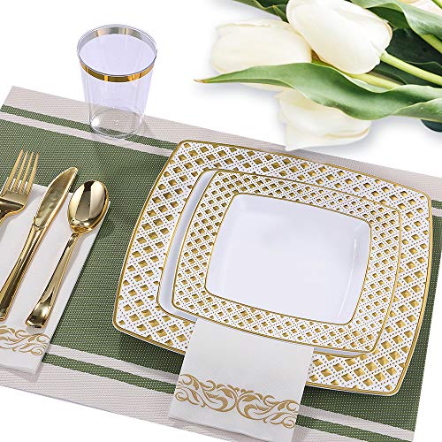 FOCUSLINE 175 Ct Gold Dinnerware Set for 25 Guests - Square Plastic Plates with Diamond Rim, Including 25 Disposable Dinner & Dessert Plates, Napkins, Cups, Cutlery - color: Gold Diamond Rim Plates