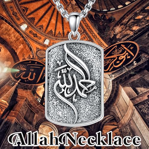 Allah Necklace 925 Sterling Silver Islamic Muslim Necklace Arabic Calligraphy Allah Dog Tag Pendant Islamic Jewelry gifts for Men Women - style: Allah-Alhamdulillah-Custom