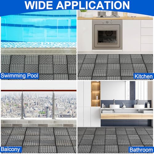MYFAMIREA Modular Interlocking Cushion 12 Pack 11.8" x 11.8" Rubber Floor Tiles Non-Slip Splicing Drainage Mats for Deck, Pool, Shower, Patio, Balcony, Bathroom, Kitchen, Yard (Diagonal, Black) - size: 12 PCS-Diagonal
