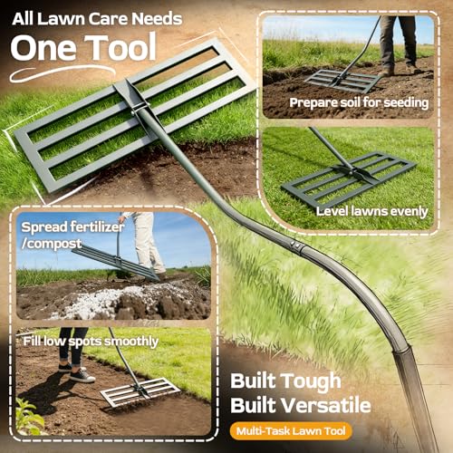 Lawn Leveling Rake -31.5''x11.8'' Heavy Duty Leveling Rake, Ergonomic Handle, Professional Ground Leveler for Yard, Soil, Grading, Gravel, Seeding, Do Not Hurt Turf, Save Effort