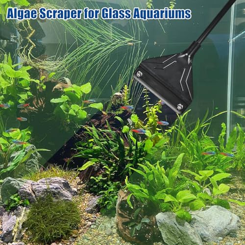 Algae Scraper for Glass Aquariums - 25.6 Inch Rigid Long Handle Aquarium Razor Scraper Tool, Screw-Locked Fish Tank Cleaner with 10 Stainless Steel Blades & Hex Wrench, Optimized for Flat Glass - size: 25.6inch