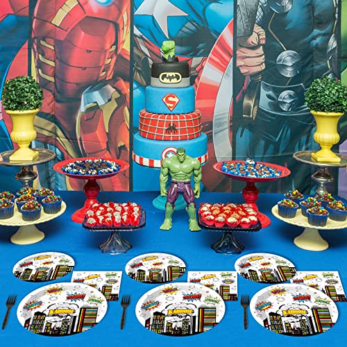 96 PCS Super Theme Hero Party Plates Napkins Hero Themed Party Tableware Hero Action Sign Disposable Paper Plates Napkins Happy Birthday Party Decorations Supplies Favors for 24 Guests - style: Hero