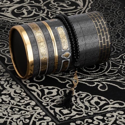 Modefa Islamic Gifts Prayer Mat | Thin Woven Praying Mat Muslim Prayer Rug | Muslim Gifts for Men Ramadan Gifts with Tesbih Prayer Beads | Ottoman Rug with Cylinder Gift Box Set (Black with Box) - color: Black #2