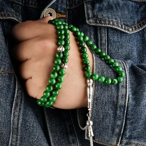 Premium Tasbih, Muslim Prayer Beads, 99 Beads (8mm), Green Chalcedony, Unisex, 22 Inches