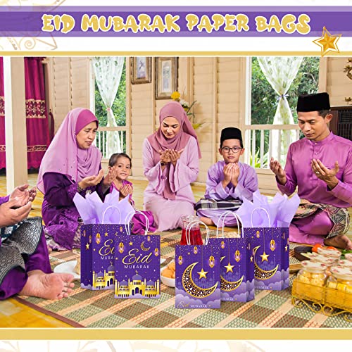 Censen 16 Sets Eid Mubarak Gift Bags with Tissue Paper, Ramadan Goodies Bags for Ramadan Party Supplies Favor (Purple) - color: Purple