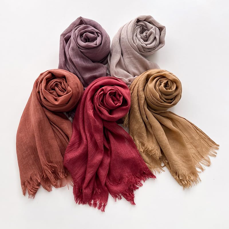 Solid color cotton and linen scarf, wrinkled all season versatile long sunscreen fashionable shawl - color: Jujube Red