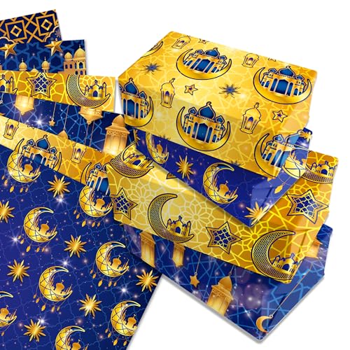 WGOCAUK 12 Sheets Eid Mubarak Wrapping Paper, 20x27in Moon Star Words Lantern Patterns Gift Wrap Paper Ramadan Kareem Wrapping Paper for Mubarak Party Gift Wrapping Supplies (Blue) - color: Blue
