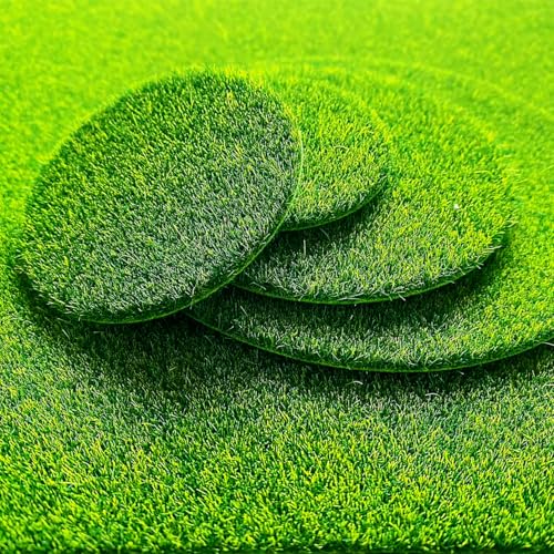 4x4 Inch Round Artificial Grass Mats, Green Moss Patches for Bonsai Decor, Mini Landscape DIY Craft & Model Making, 5 Pack
