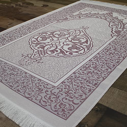 Modefa Muslim Woven Chenille Prayer Rug, Ottoman White/Blue + White/Pink | Thin Chenille and Taffeta Turkish Intricate Metallic Ottoman Salah Mat - color: White/Blue + White/Pink