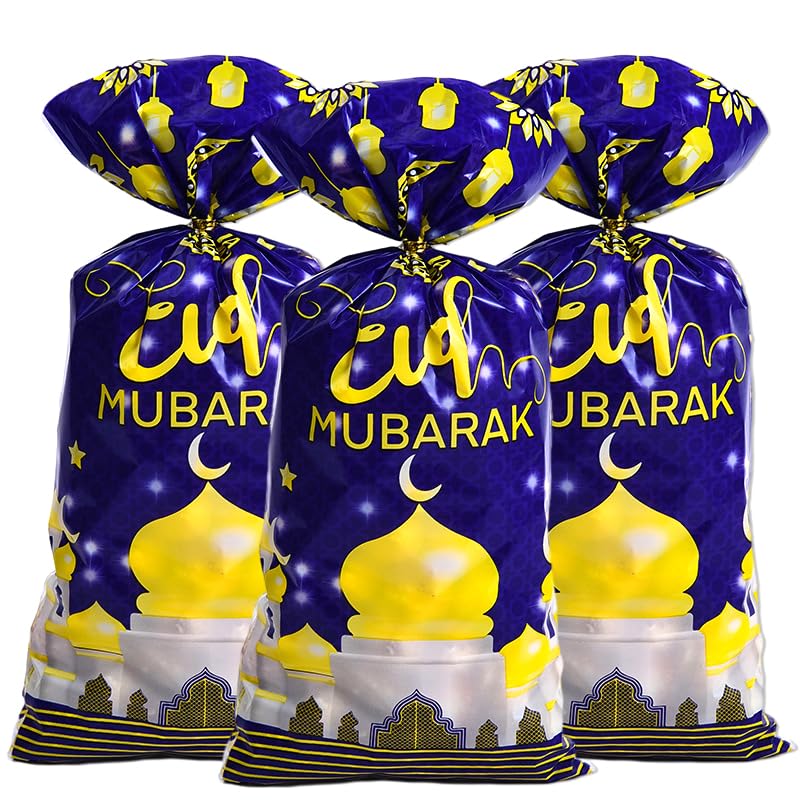 Eid Mubarak Treat Bags, 100pcs Shining Gold Star Moon Lantern Party Cellophane Bags with Twist Ties Clear Plastic Gift Bags Goodie Cookies Candy Bags for Wedding ,Islam Islamic Muslim Party ,Ramadan Mubarak Party Supplies