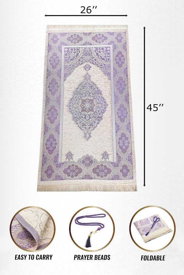 ihvan online Muslim Prayer Rug with 99 Beads Tasbih, Soft Chenille Sajadah, Lightweight & Foldable Janamaz, Portable Travel Prayer Mat, Islamic Gift for Eid, Ramadan, Hajj & Umrah, Dark Lilac - color: Dark Lilac