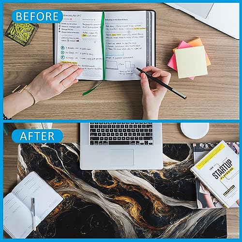 Golden Black Marble Large Gaming Mouse Pad,Waterproof Desk Mat for Desktop,Non-Slip Rubber Base Mousepad with Stitched Edges for Laptop Office and Home 35.4X15.7 Inch - color: Golden Black Marble