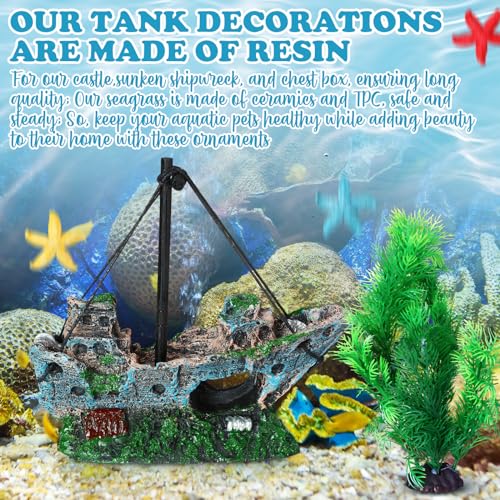 Aquarium Decorations Large Kit Resin Sunken Shipwreck | Undersea Treasure Chest, Ancient Castle Ruins Tunnel House, Simulated Artificial Water Plants, Fish Shrimp Cave Hide, Safe