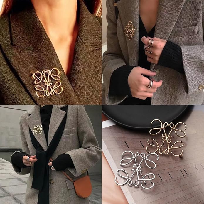 Gold Brooch Pin, Metal Fashion Accessory for Women Party Outfit Coat Scarf Bag Decoration Golden Interlocking Design Brooch