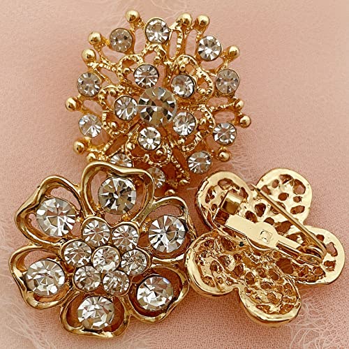 Lot 12pc Small Size Rhinestone Crystal Flower Brooches Pins Set DIY Wedding bridal Bouquet Women Broaches - color: Gold