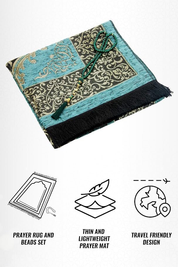 ihvan online Muslim Prayer Rug with 99 Beads Tasbih, Soft Chenille Sajadah, Lightweight & Foldable Janamaz, Portable Travel Prayer Mat, Islamic Gift for Eid, Ramadan, Hajj & Umrah, Mint Green - color: Mint Green