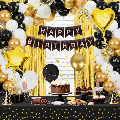 165 Pcs Black and Gold Birthday Decorations for Men and Women,Party Supplies Kit with Tablecloth,Paper Plates, Balloon, Happy Birthday Banner, Fringe Curtains, Cake Topper, Cups, for 25 Guests - style: Black and Gold