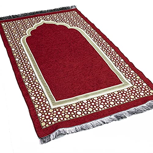 Modefa Turkish Islamic Prayer Mat - Thin Woven Chenille Sajjadah - Intricate Praying Rug Ramadan Eid Gift - Traditional Muslim Janamaz Sajada for Men Women - Geometric Selcuk Star (Red) - color: Red