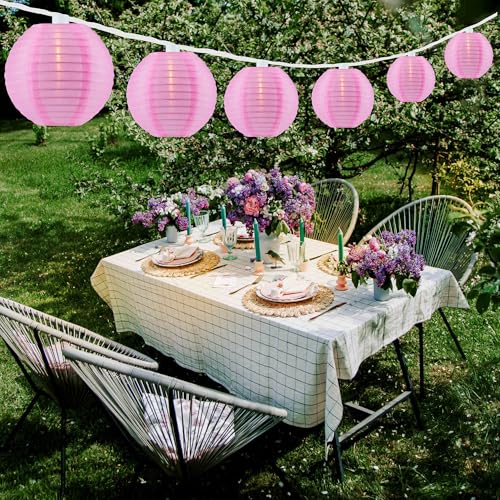 HOSY 10-Pack Pink 3-in Lanterns, 11 ft White Wire Plug-in UL String Lights | Self-assembly Required, Nylon Fabric, 3-in Diameter, 12-in Spacing, End-to-end Connectable, UL Certified - color: Pink