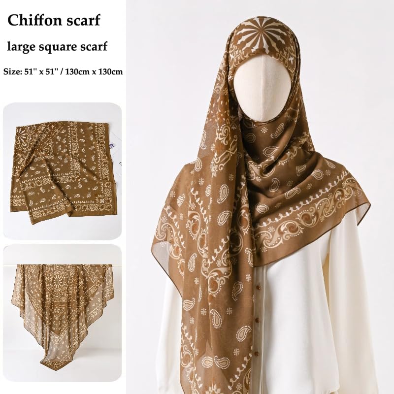 K-Elewon Large Square Scarf 51" Headscarf Chiffon Fashion Scarves Turbans Hair Wrapping Scarfs - color: C-khaki