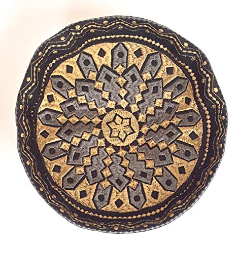 Kufi Men's Unisex Skull Cap Broad Strap Solid Hat with Hand Embroidery Kufi Caps Knitted Beanie Summer Headwear Long Hats - color: Black Golden, size: X-Large