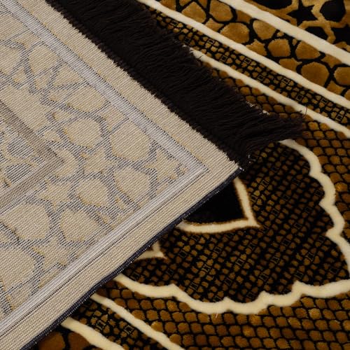 Modefa Turkish Islamic Prayer Rug - Comfortable Muslim Praying Mat for Men & Women - Soft Velvet Janamaz Praying Carpet - Ramadan or Eid Gift - with Kufi Prayer Cap - Plush Saray (Black/Gold)