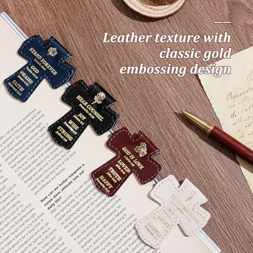4 PCS Cross Shaped PU Leather Magnetic Bookmarks, Christian Bible Verse Clips with Gold Foil Stamping & Faith Quotes, Leather Book Markers, Religious Gift for Readers, Students & Church Members - style: Christian Bible Verse